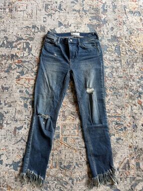 Free People Distressed Dark Blue Skinny Jeans with Frayed Hem